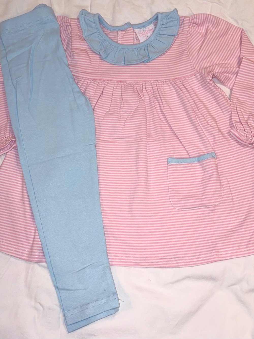 Stitchy Fish Amelia leggings set pink stripes and blue leggings & trim sz 3T NWT